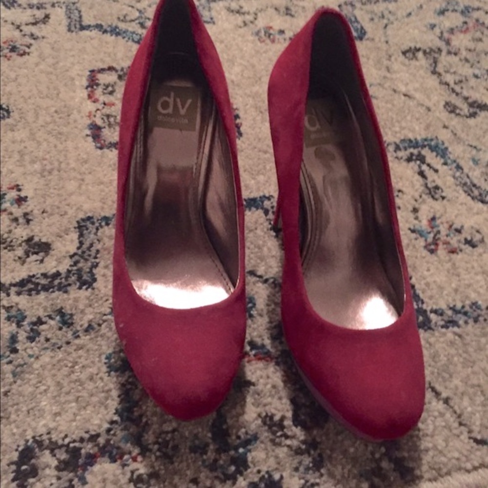 Burgundy and purple platform high heeled shoes